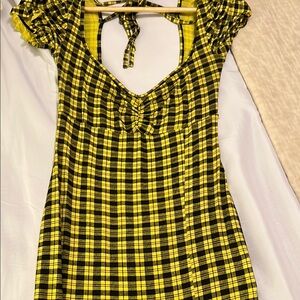 Yellow Plaid Dress with Ruffle Sleeves